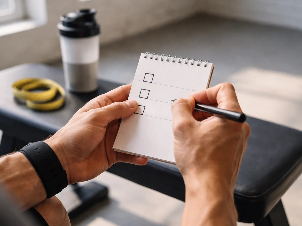 Hands checking a simple three-item checklist on a notepad beside a protein shaker and measuring tape.