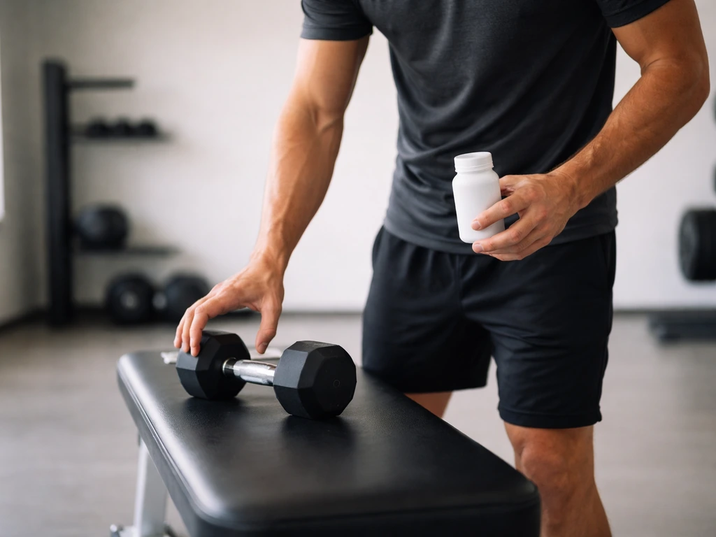 An anonymous gym researcher sets up a resistance training session with a dumbbell and a sealed placebo-style bottle.