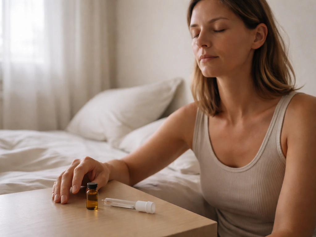 Relaxed person in calm light with a saliva biomarker collection vial on a bedside table.