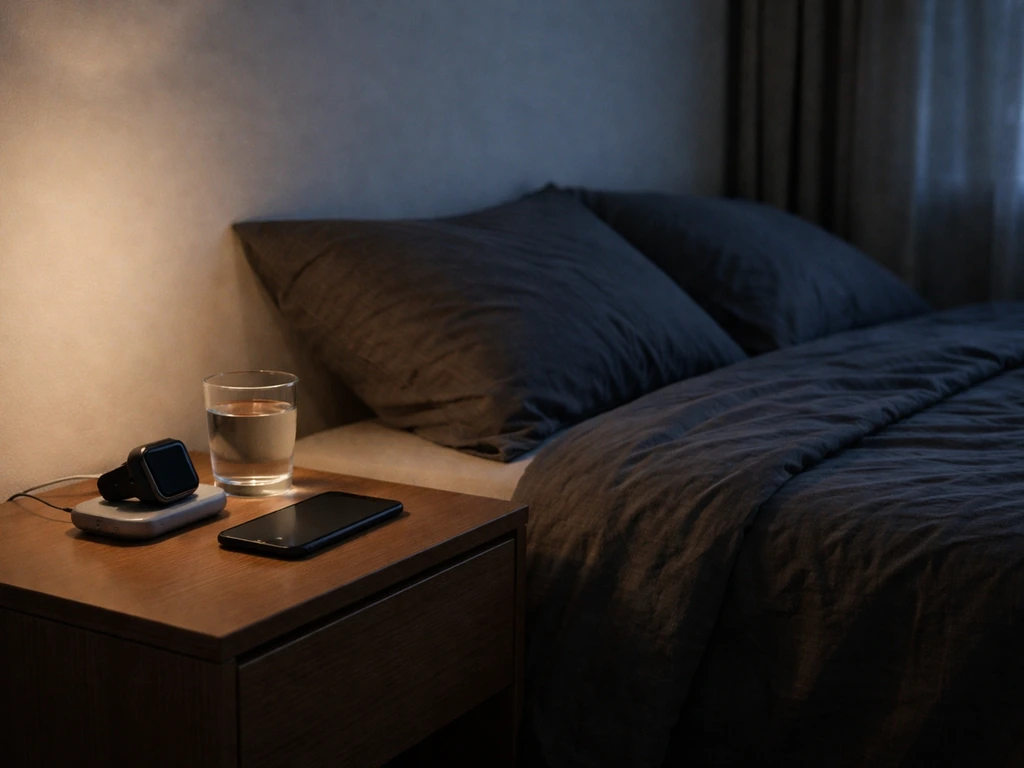 Minimal nighttime bedroom with bed and smartwatch/wearable on a bedside table for sleep recovery.