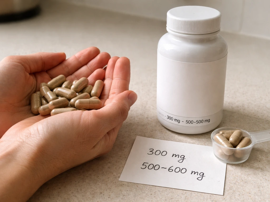 Hands holding standardized ashwagandha capsules beside a supplement bottle with visible mg dosing amounts.