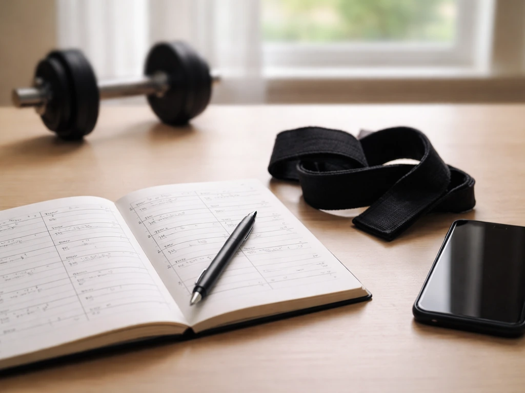 Open workout log notebook with pen and lifting gear, photographed on a desk in natural light.