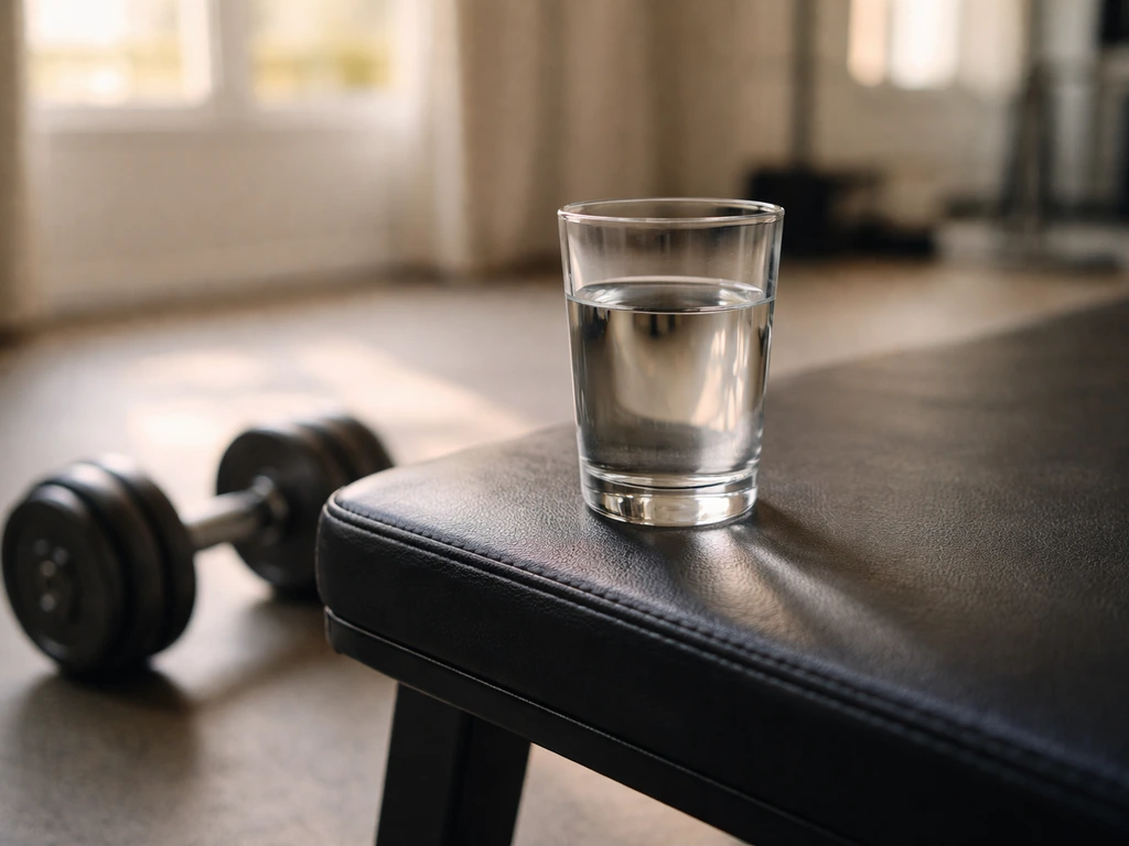 Clear glass of water beside a dumbbell in a bright gym, suggesting hydration supporting muscle growth.