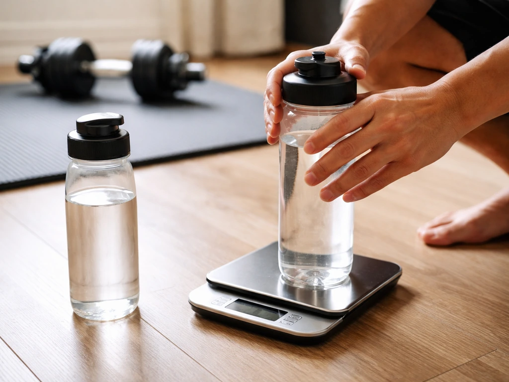 Hands holding a measuring water bottle beside a digital scale before/after a workout.