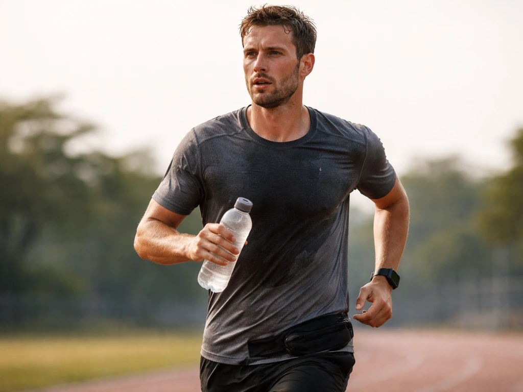 Runner training outdoors in humid heat, sweaty skin and a water bottle ready at hand