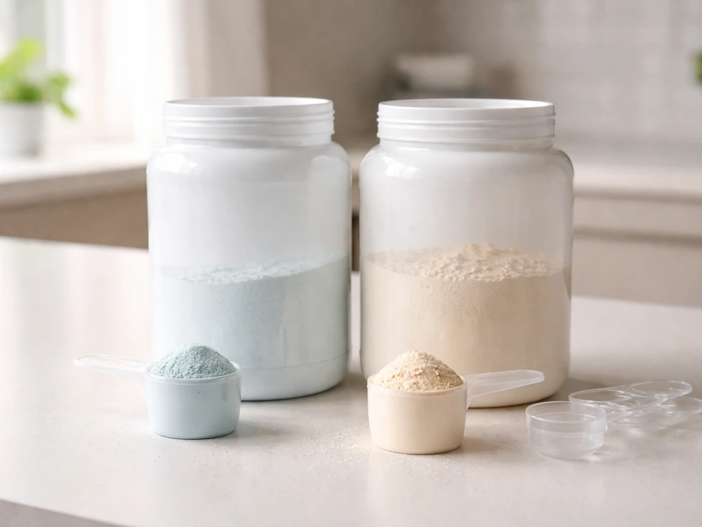 Minimal photo showing side-by-side BCAA and whey protein containers with a simple serving scoop setup
