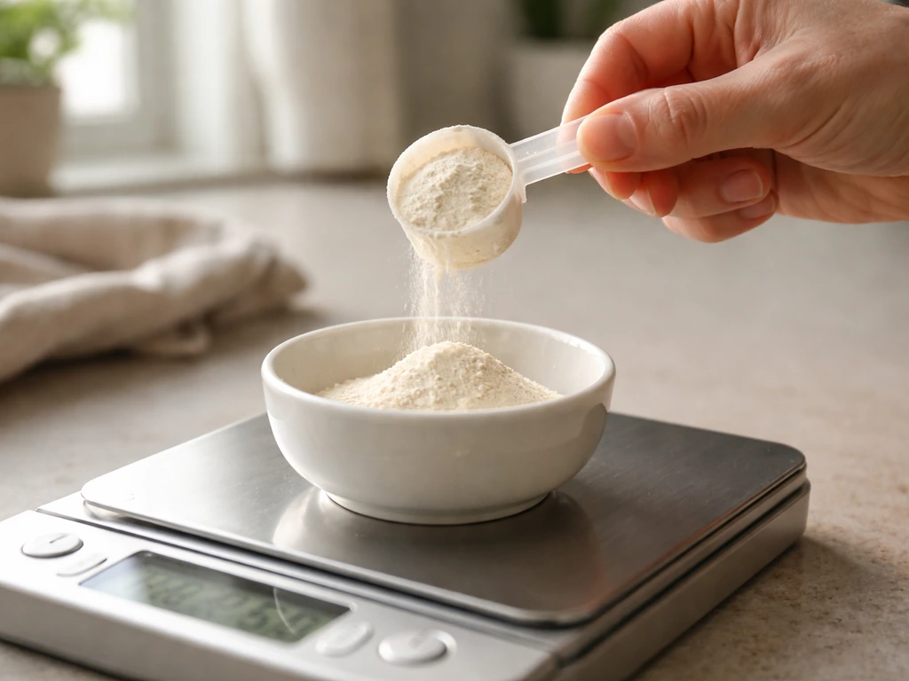 Close-up of scooping BCAA powder onto a small kitchen scale for a measured serving.