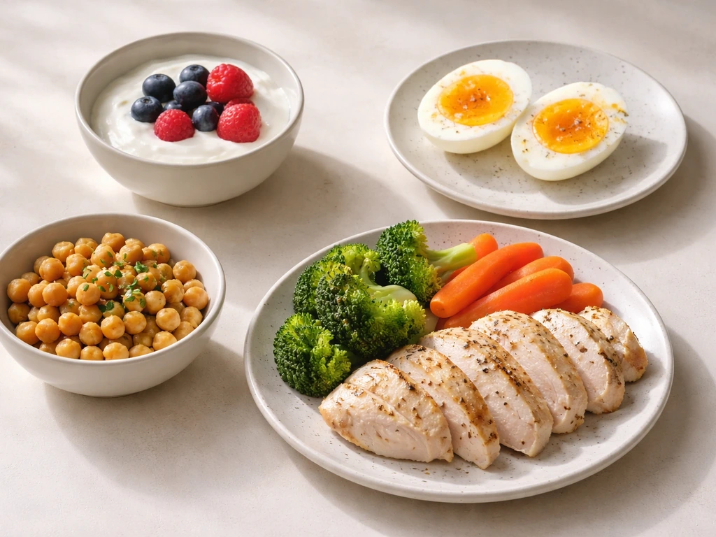 Minimal meal bowl and plate showing protein-rich foods arranged as an example day spread.