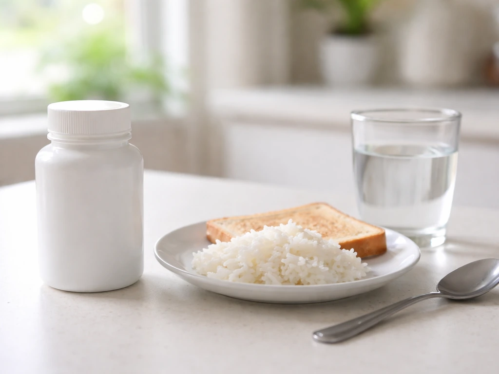 Supplement bottle beside simple bland food on a kitchen counter, suggesting safe use and GI considerations.