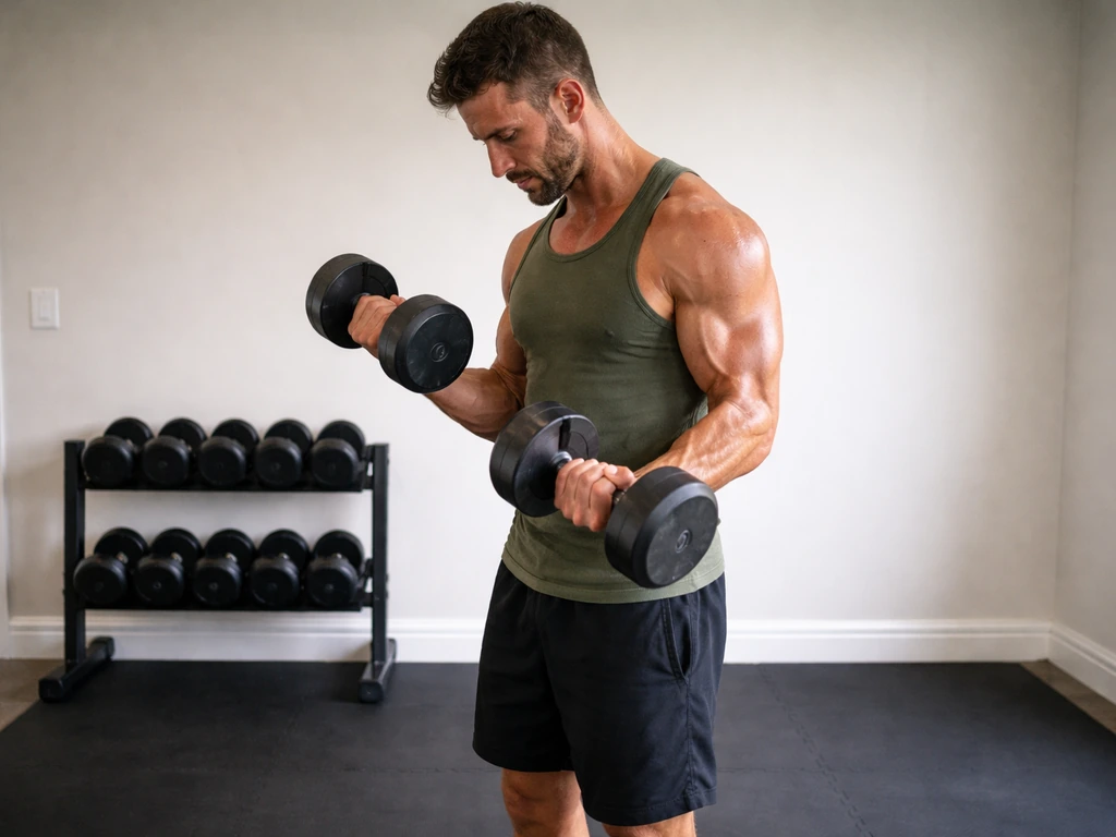 Man in simple home gym doing a set with dumbbells, warm lighting and focused mood