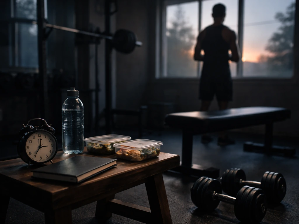 Early morning gym setup with an alarm clock and low-calorie meal containers near training gear