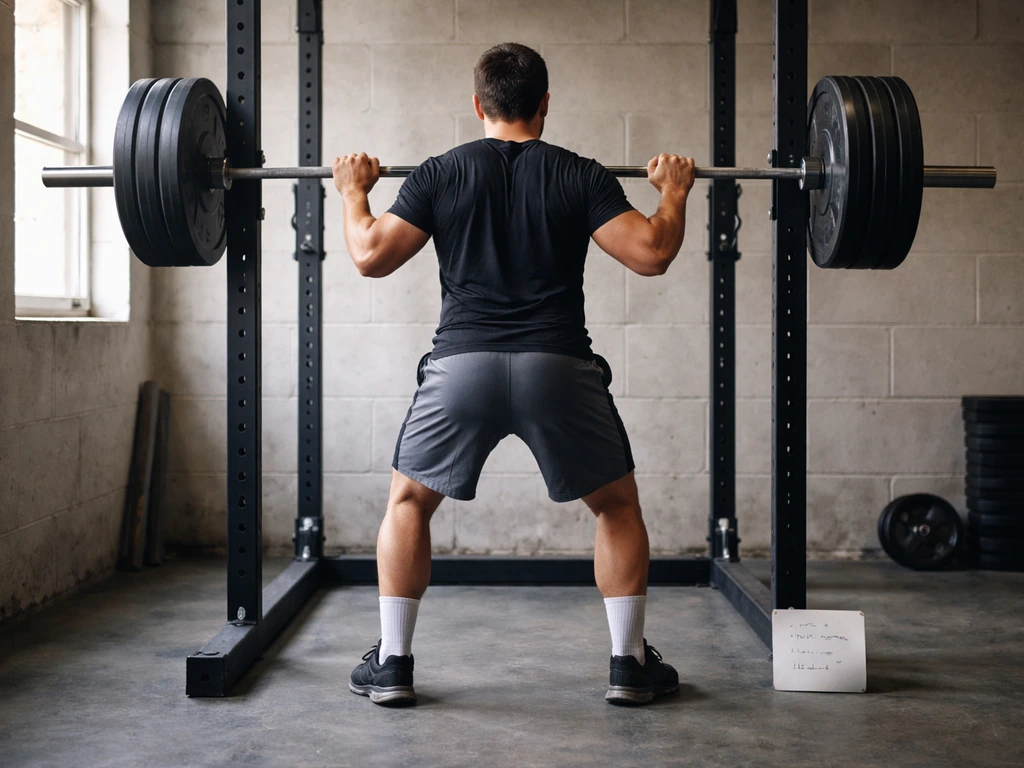 Anonymous lifter in a squat rack with a loaded barbell, progressive overload notes on the rack base.