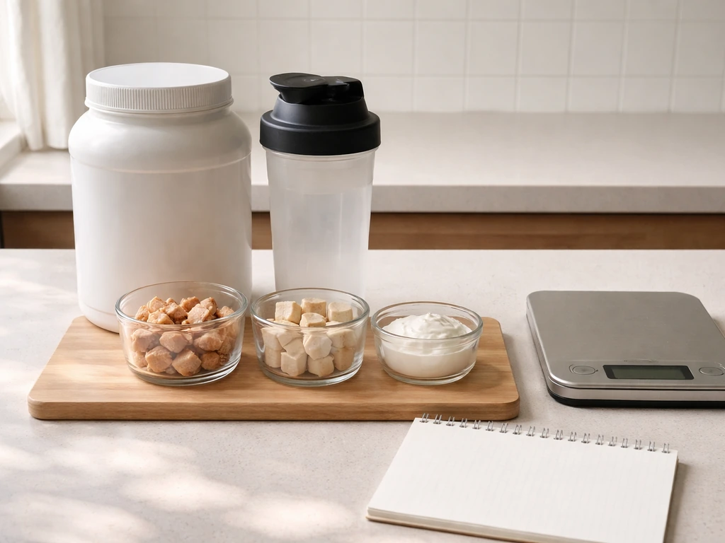 Minimal kitchen setup with protein shaker, protein powder, and measured glass portions for daily protein target.