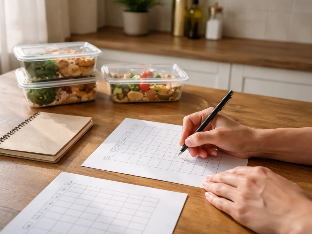 Hands writing a weekly training log beside a meal-prep container and checklist on a simple kitchen table