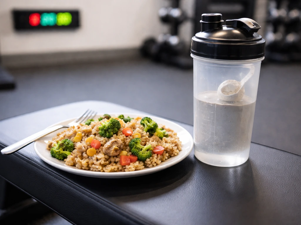 Carb-focused meal plate beside a protein shaker on a gym bench, with a blurred timer in the background.