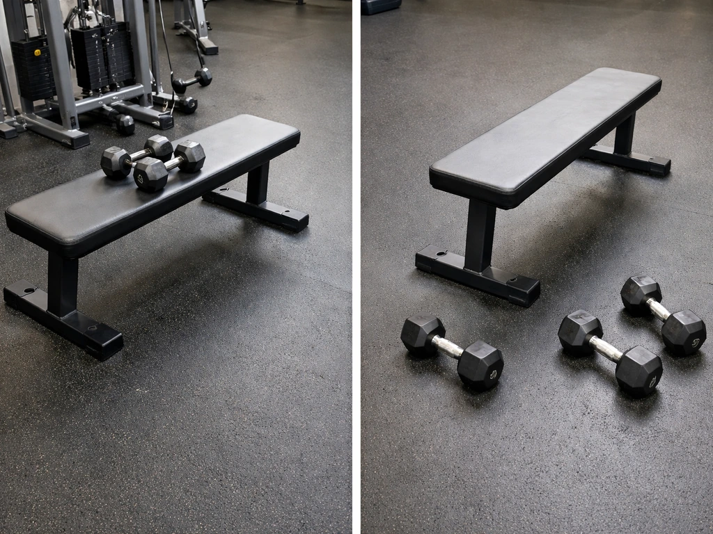 Two simple dumbbell training setups side by side on a gym floor, showing machine-week vs free-weights/new movement contr