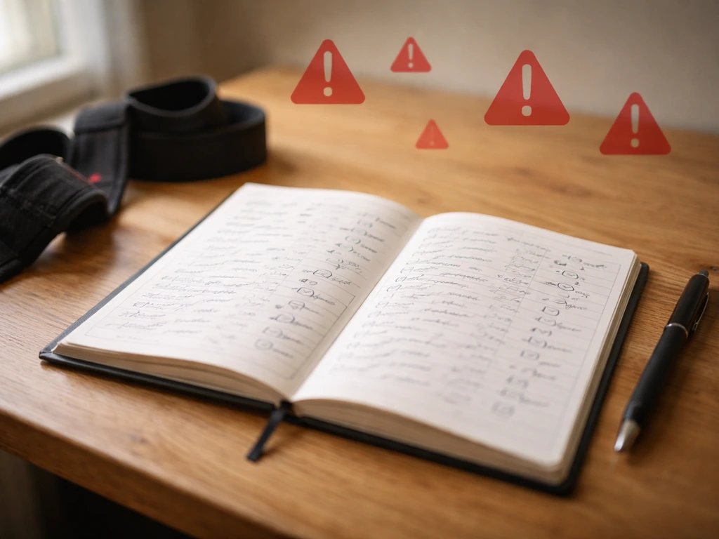 Open training logbook on a desk with red warning icons suggesting serious strength-reduction red flags.