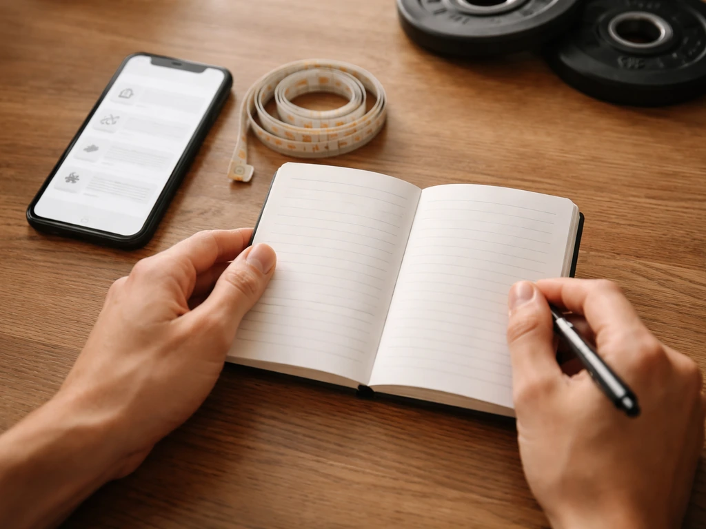 Hand holding a notebook beside a smartphone showing a clean, non-text workout progress checklist for 2–4 weeks