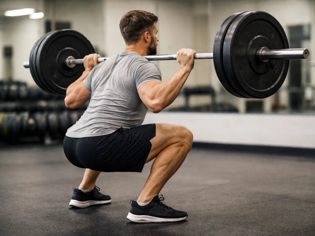 Person performing a controlled barbell squat in a quiet gym, illustrating training volume during a cut