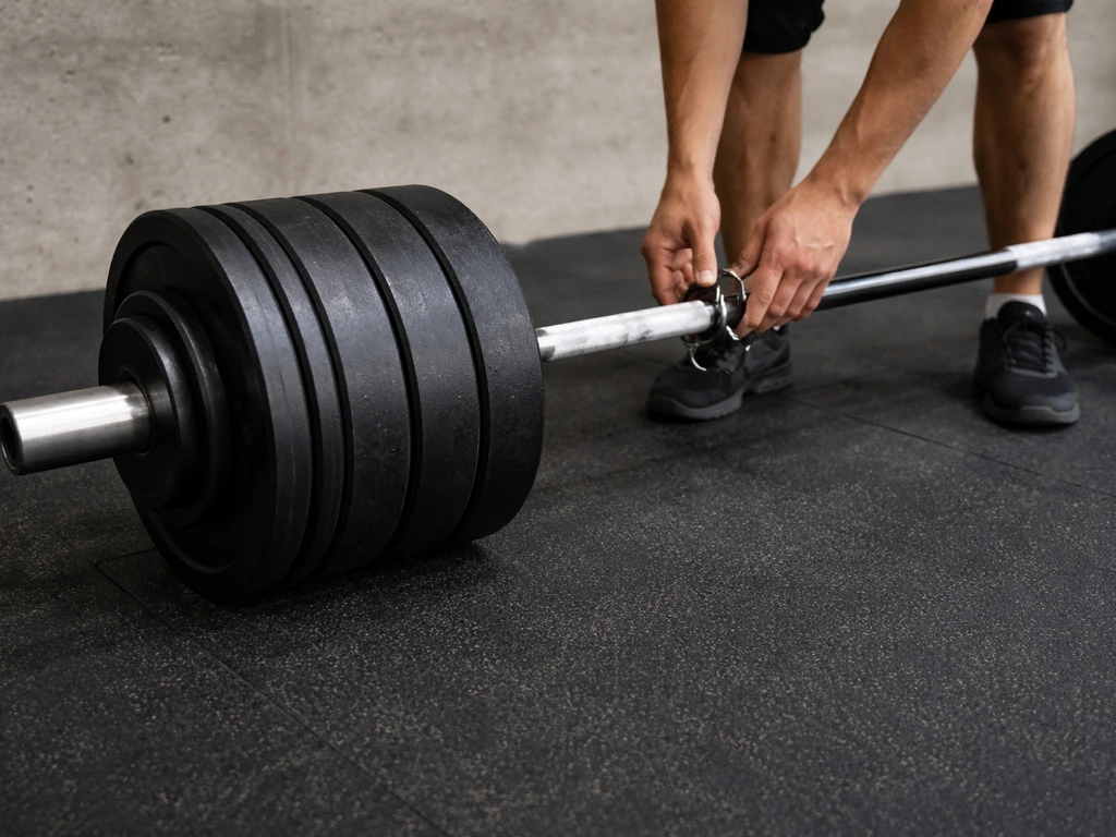 Close view of a barbell on the floor with weight plates loaded for deadlifts in a clean gym.