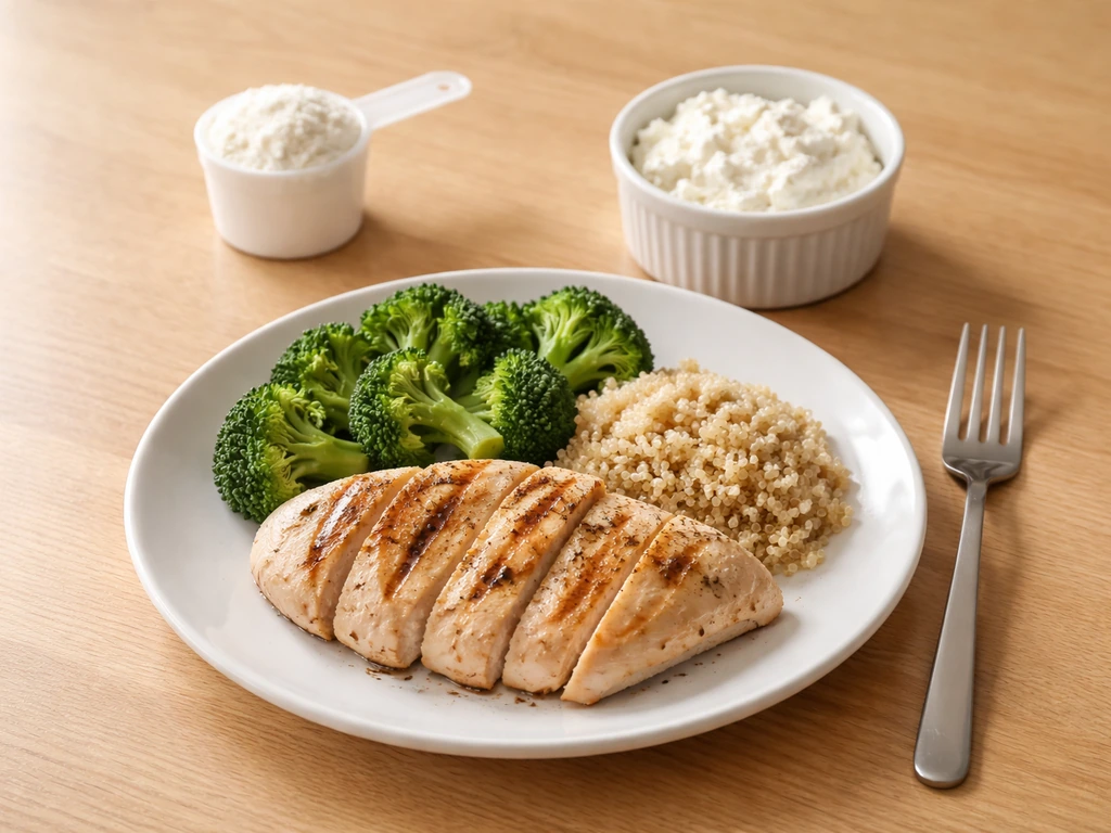 High-protein meal plate with portioned chicken and vegetables, next to a small measuring scoop on a kitchen table.