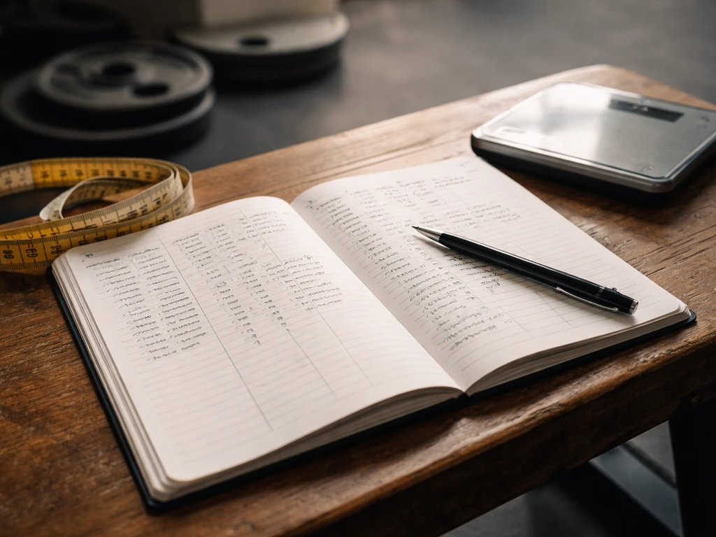 Open training log book with pen, tape measure, and a digital scale on a bench, minimal gym setup.