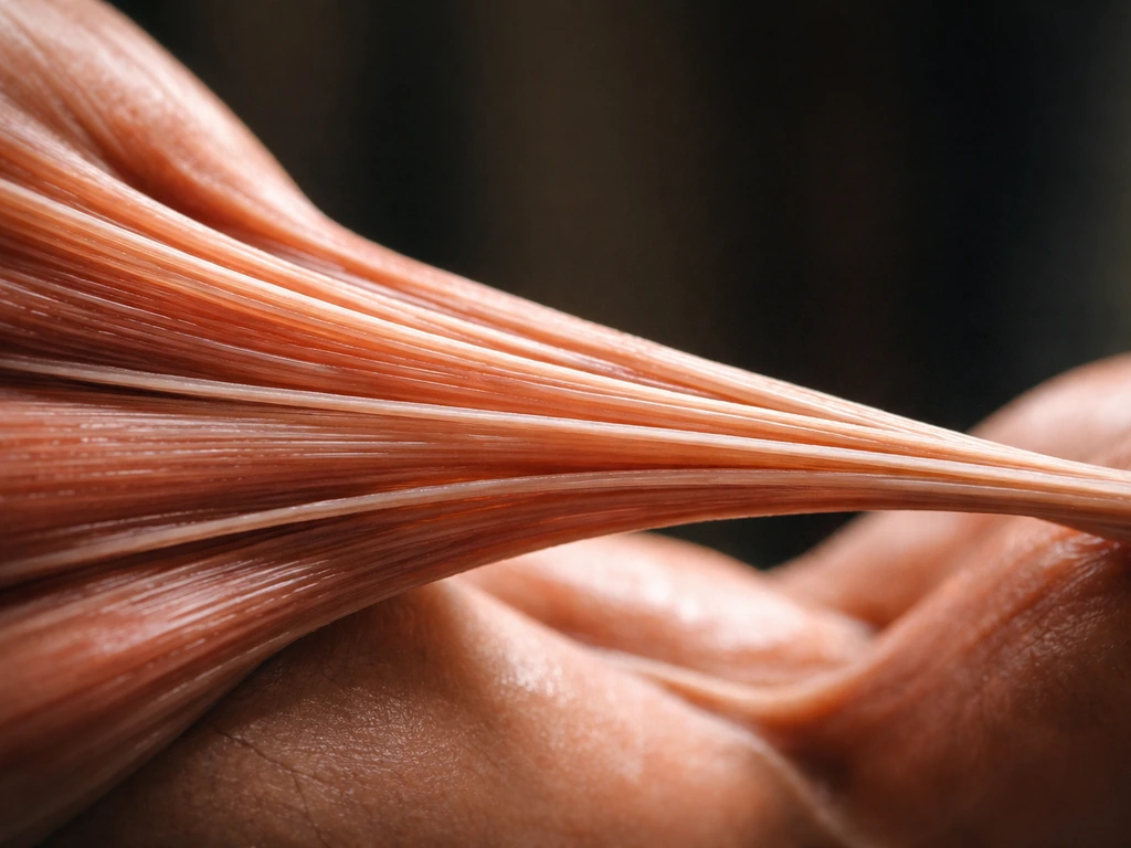 Close-up of muscle fibers resisting a loaded contraction, highlighting mechanical tension driving growth.