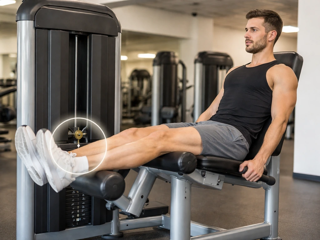 Side view of a person holding a leg extension at full peak contraction in a quiet gym.