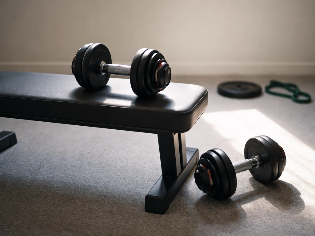 Minimal gym bench scene with dumbbells and a subtle highlighted callout concept using lighting only