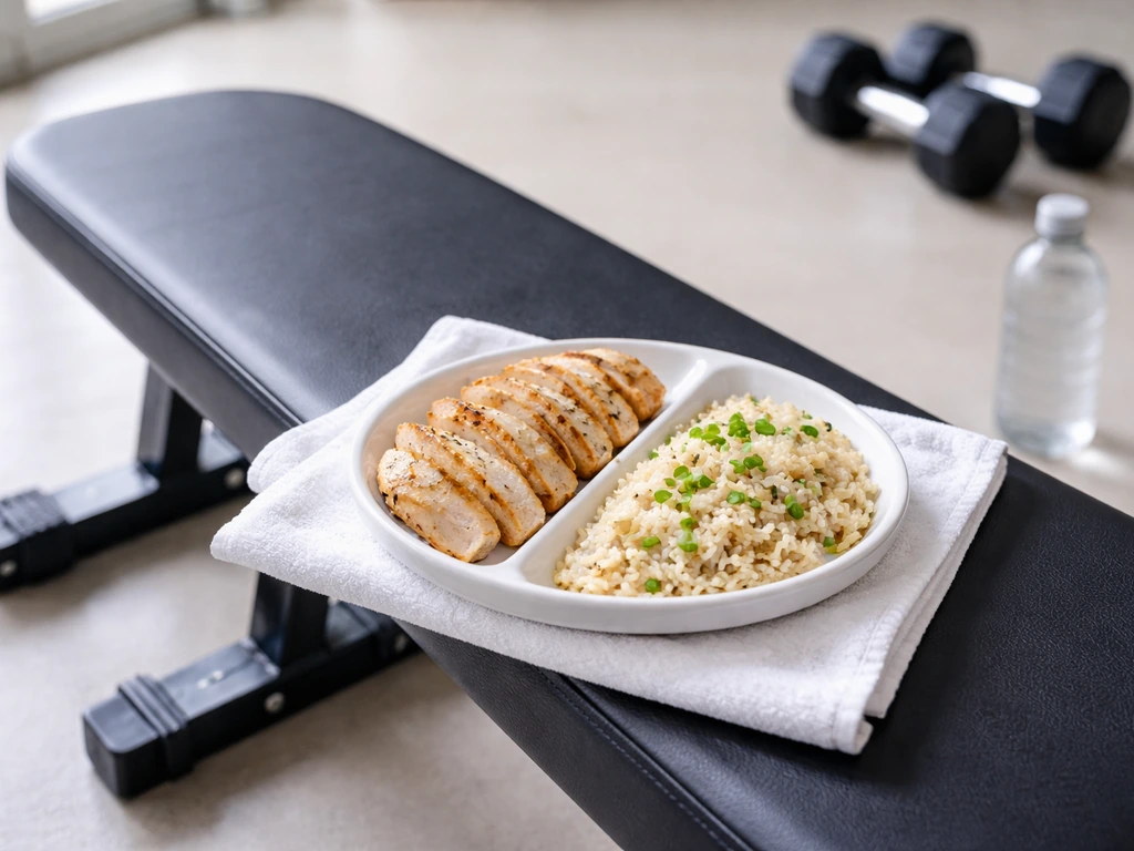 Workout bench beside a plate with lean protein and a portioned carb side, gym background softly blurred.