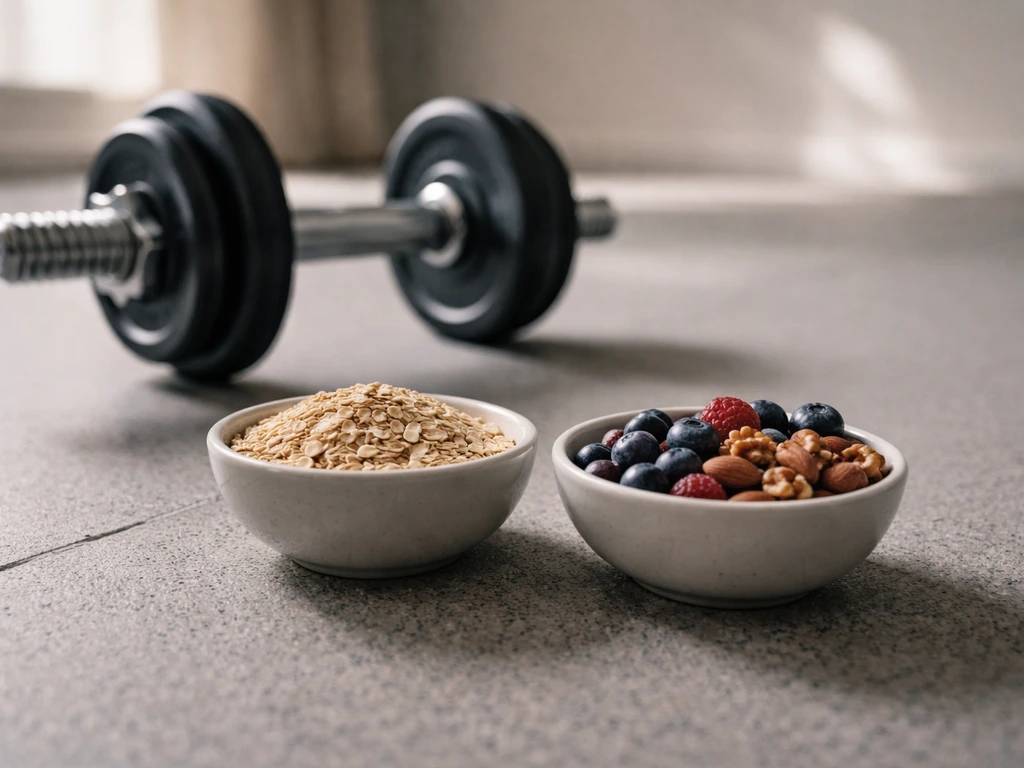 Gym dumbbell beside two food bowls showing light grains versus dark berries and nuts, symbolizing carb vs ketones.