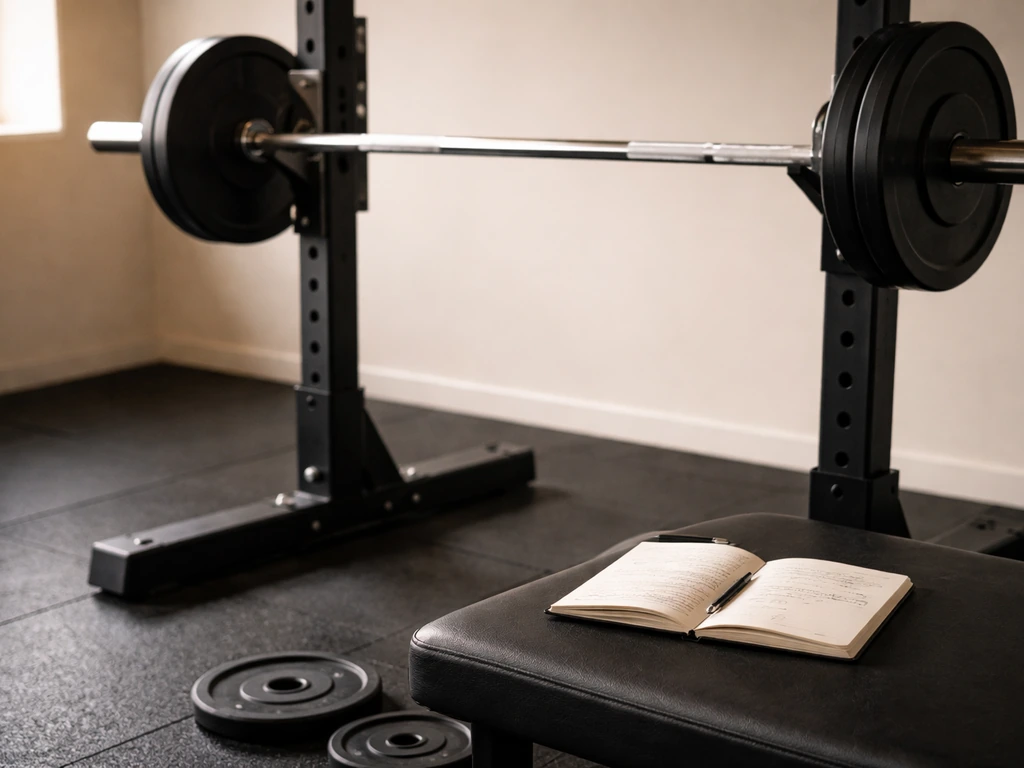 Barbell in a squat rack beside a notebook, warm natural light suggesting progressive overload training.