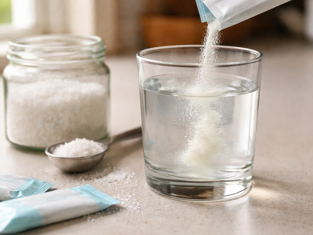 Close-up of salt and electrolyte powder packets dissolving in a glass of water on a kitchen counter.