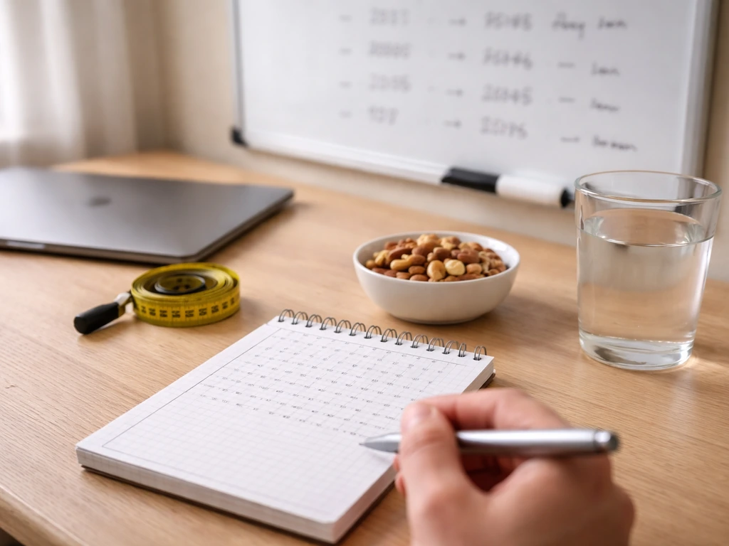 Minimal desk scene with a notepad and whiteboard showing indistinct numbers for diet targets.