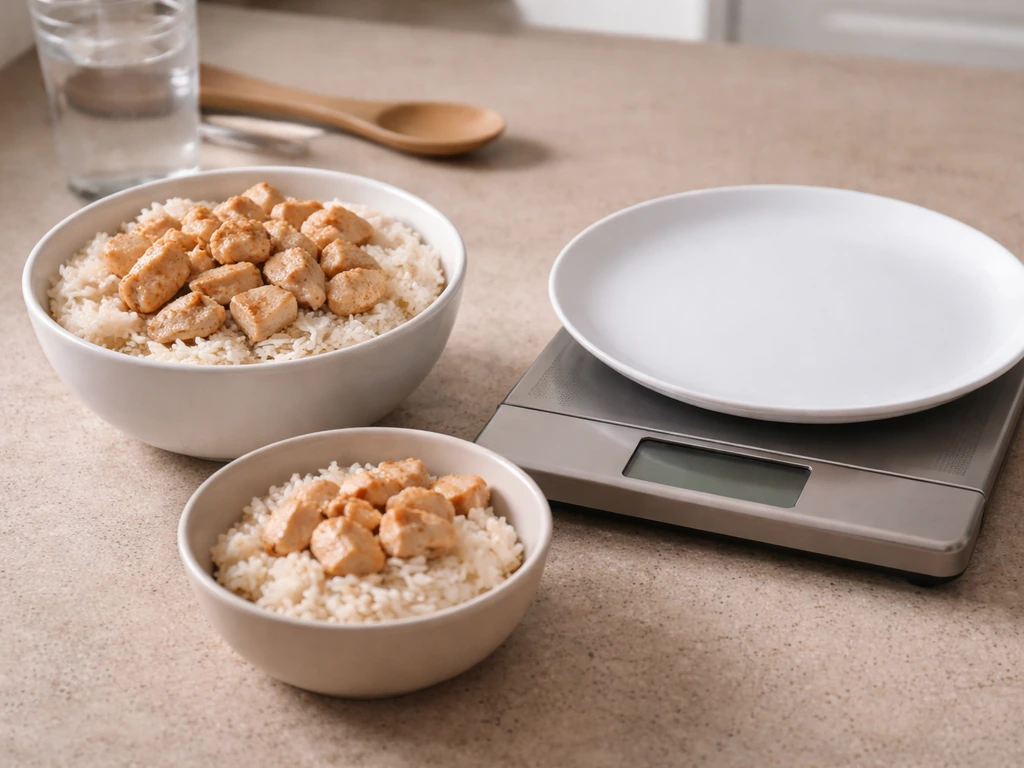 Kitchen close-up of measured food portions and a digital scale representing calorie surplus meal strategy.