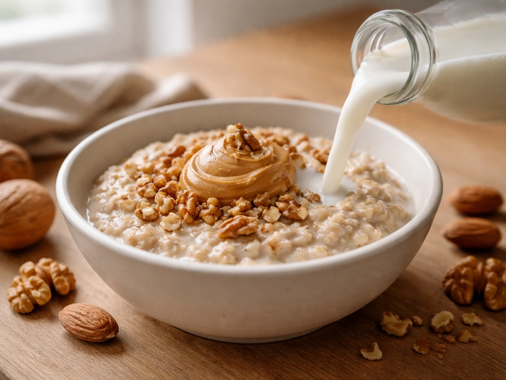 Whole milk being poured over oatmeal with peanut butter and nuts on a wooden kitchen counter.