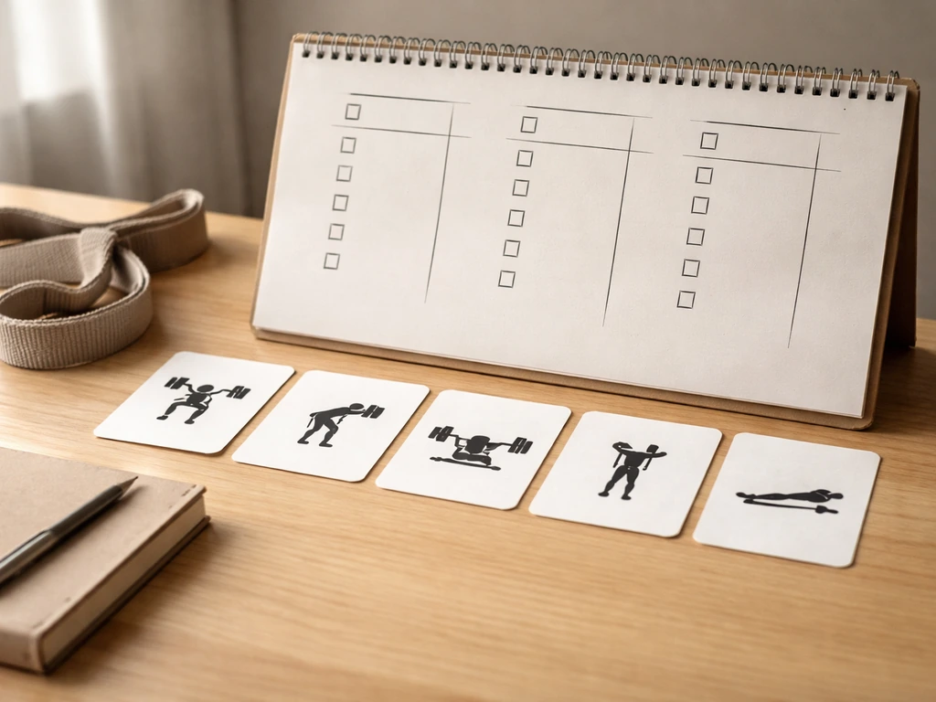 Minimal 3-day full-body training plan board with workout cards showing squat, hinge, push, pull, and core categories.