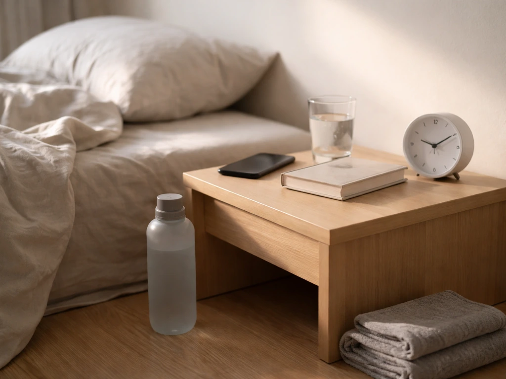 Minimal bedroom bedside setup showing sleep recovery items beside simple gym gear to contrast rest and training.