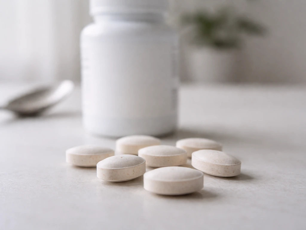 A close-up of amino acid complex tablets in a small bottle with scattered tablets on a minimal countertop