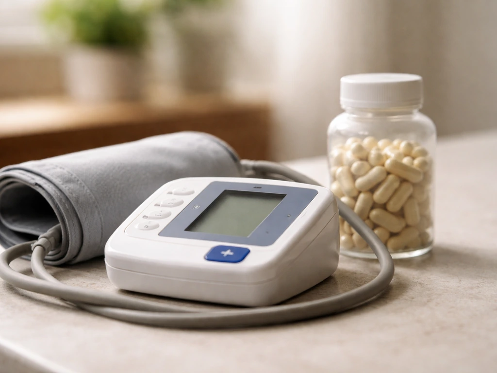 Blood pressure cuff next to a generic supplement bottle on a clean countertop, minimal and realistic.