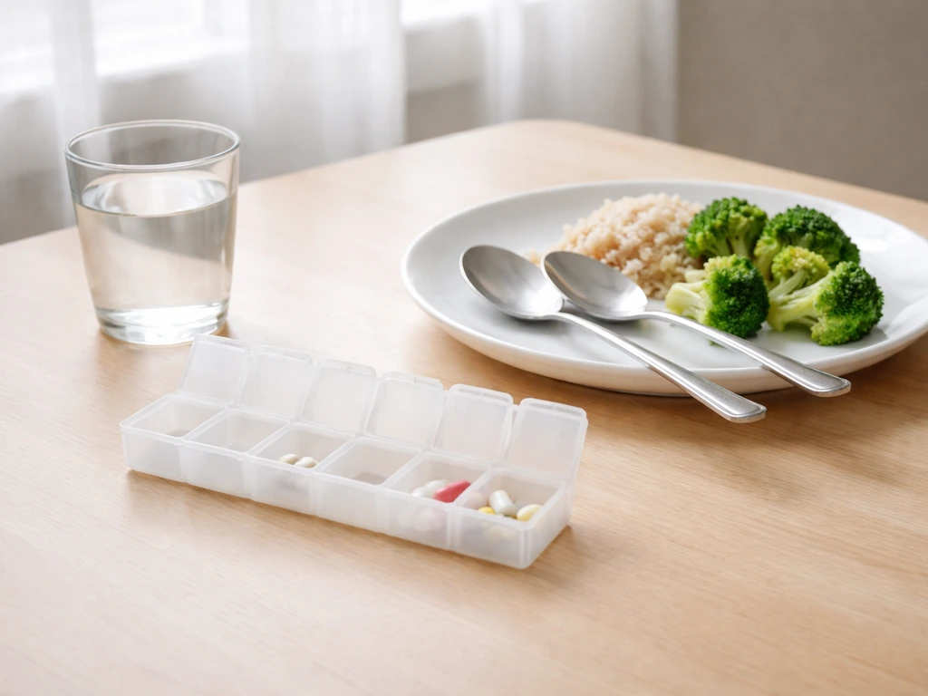 Small weekly pill organizer with a few tablets beside a meal plate, timed for taking doses with food.