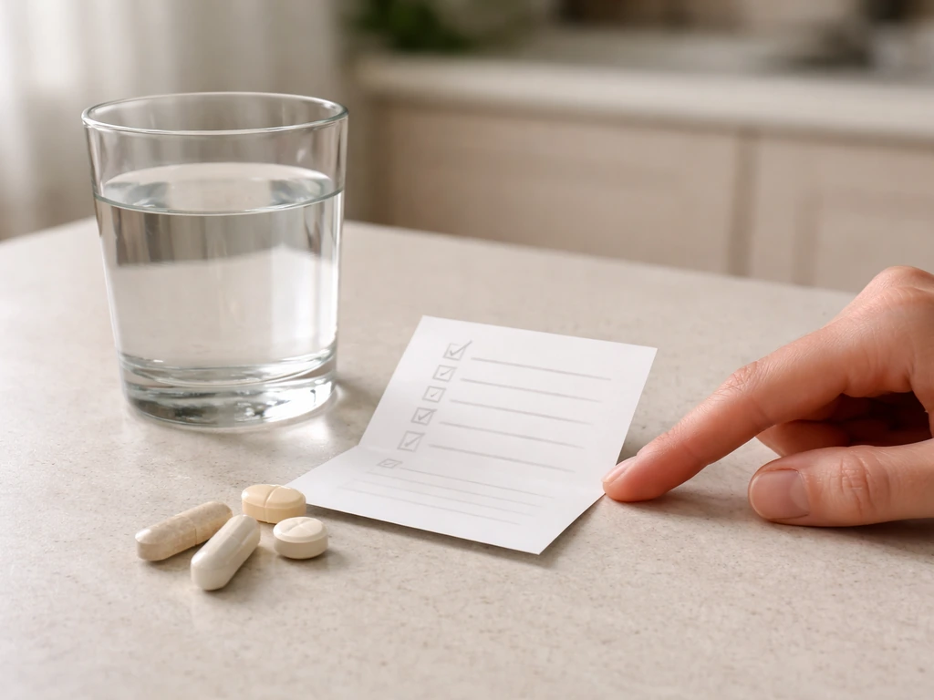 An anonymous hand reviews a blank checklist card beside water and generic supplement tablets on a countertop.