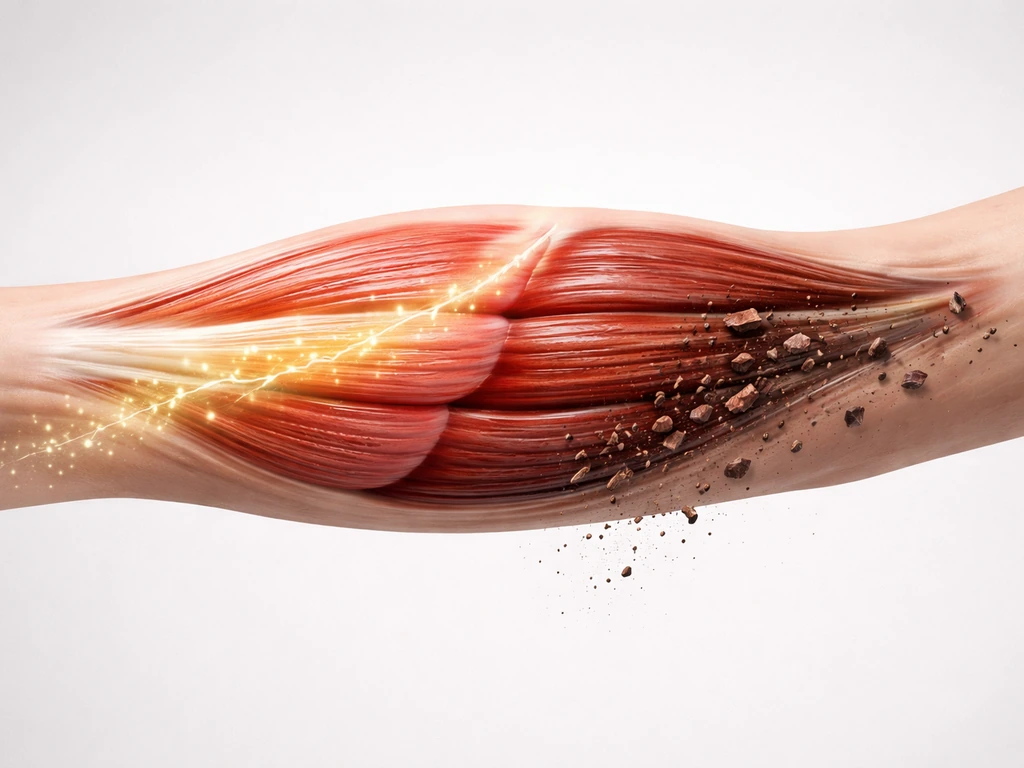 Minimal close-up of forearm muscle cross-section suggesting protein building vs breakdown without text