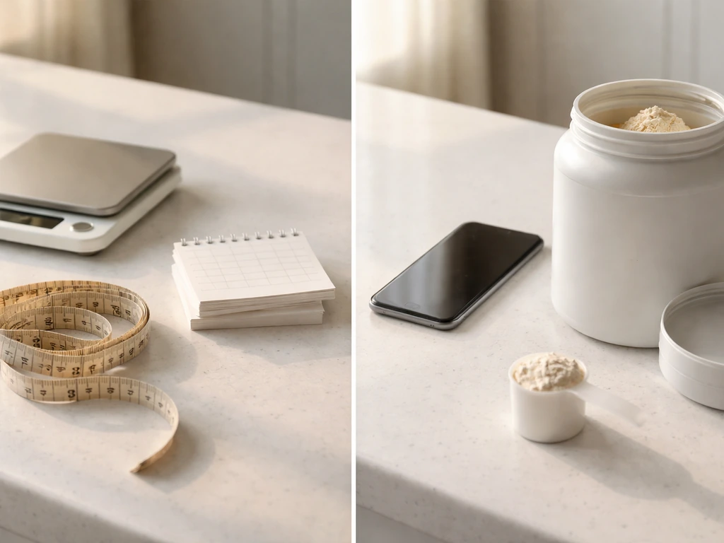 Measuring tape and smartphone workout log beside a whey protein container on a clean kitchen counter