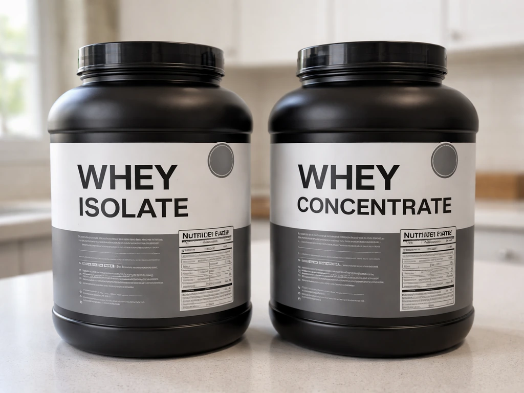 Two generic whey tubs side-by-side on a counter, suggesting isolate vs concentrate comparison and testing.