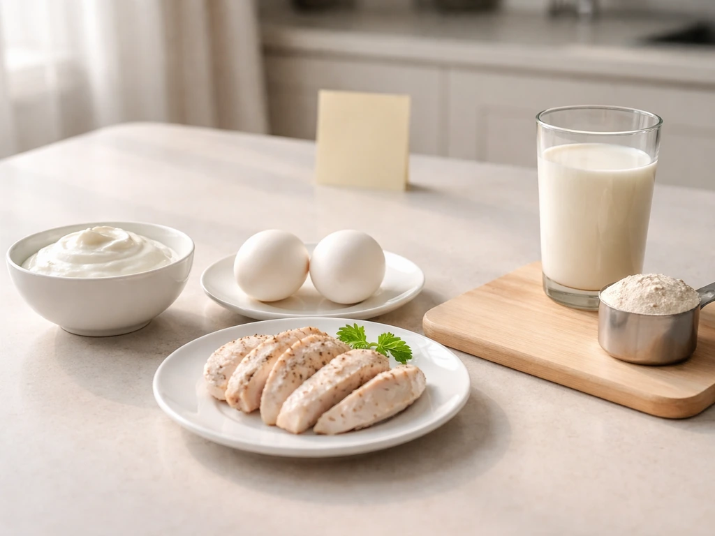 Meal lineup with lean protein foods and a protein scoop on a simple kitchen counter