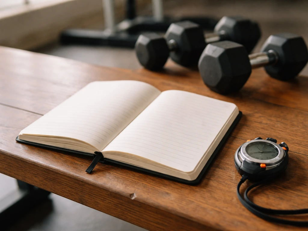 Minimal view of a workout notebook open to a weekly hypertrophy plan with dumbbells nearby
