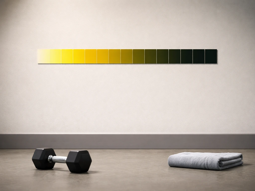 Minimal gym scene with a 12-week color gradient progression bar suggesting early neural gains then muscle changes.