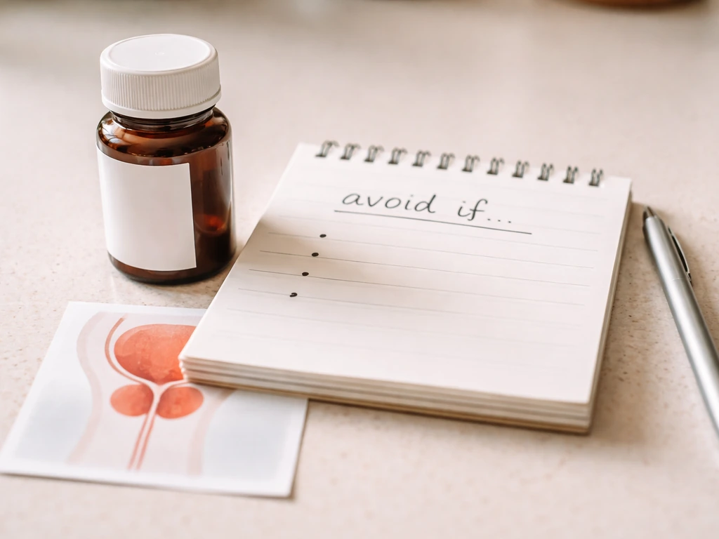 Close-up of a prostate-health themed notepad with “avoid if…” checklist beside a medicine bottle