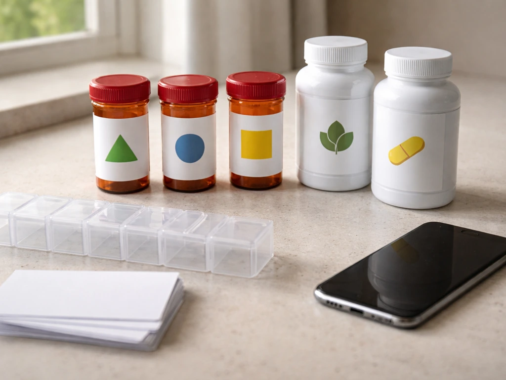 Supplement bottles beside prescription pill bottles and an empty pill organizer on a kitchen counter.